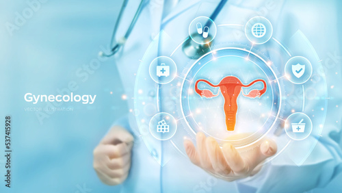 Gynecology medical concept. Women's health. Doctor holding in hand the hologram of Female reproductive system and medicine icons network connection on virtual screen. Vector illustration.