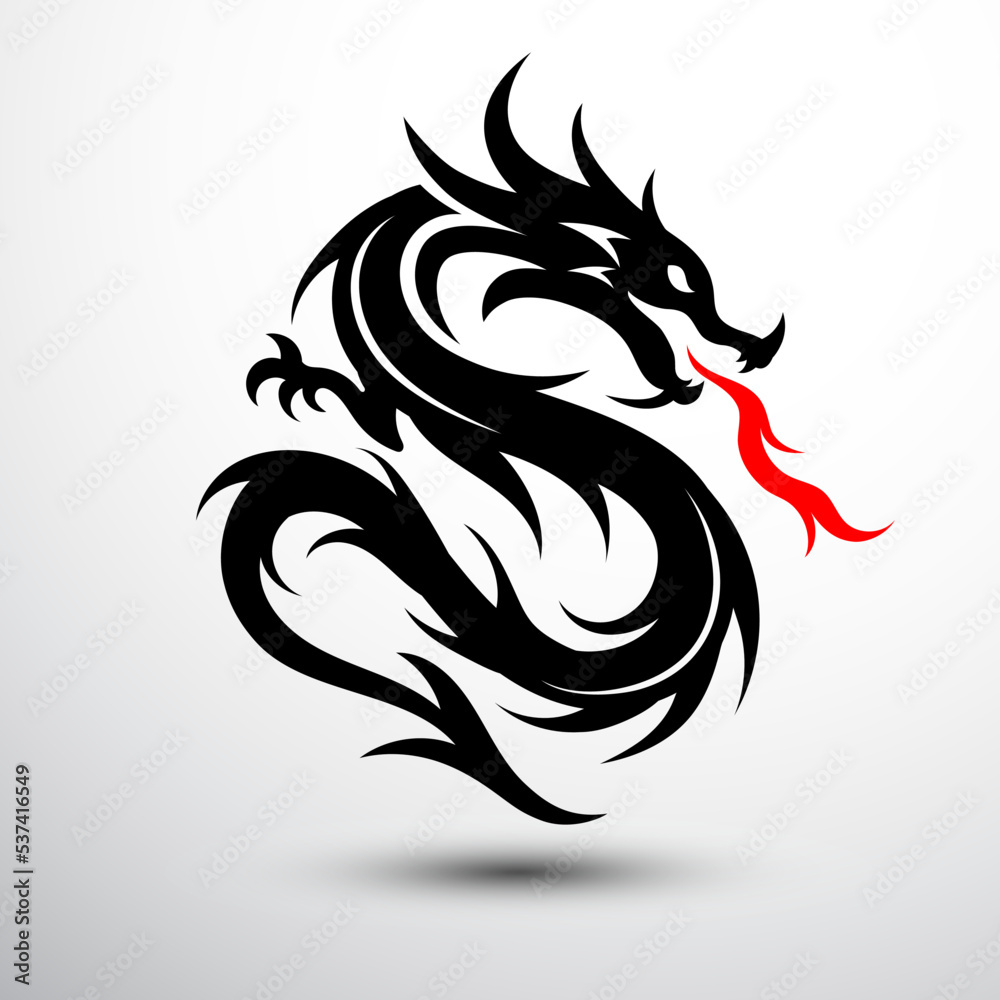 Obraz premium Chinese dragon silhouette flat color logo design infinity shape, vector illustration