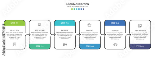 Process of online shopping with 6 steps. Steps business timeline process infographic template