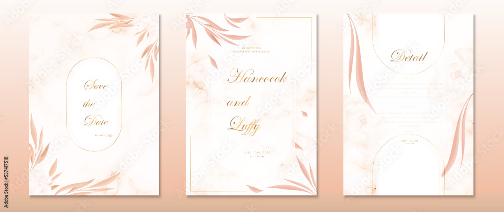 Wedding invitation card template orange background floral design luxury with gold frame and watercolor texture