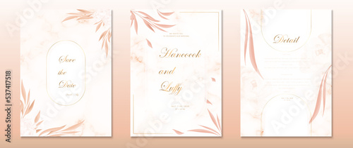 Wedding invitation card template orange background floral design luxury with gold frame and watercolor texture © Eaks1979