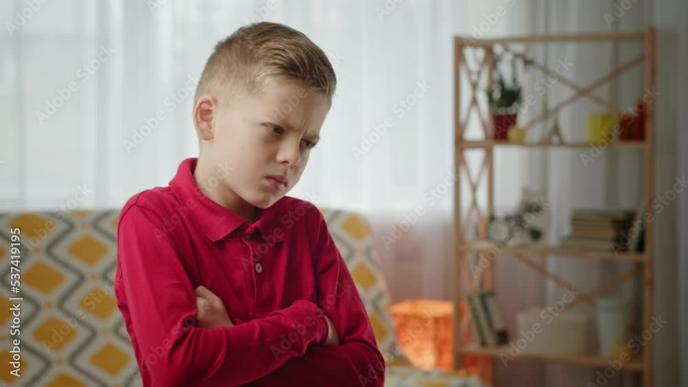 Upset boy crossing arms at home. Offender boy in red polo shirt crossing arms and pouting lips in light living room in daytime at home. Upset boy crossing arms at home. Offender boy in red polo shirt crossing arms and pouting lips in light living room in daytime at home.