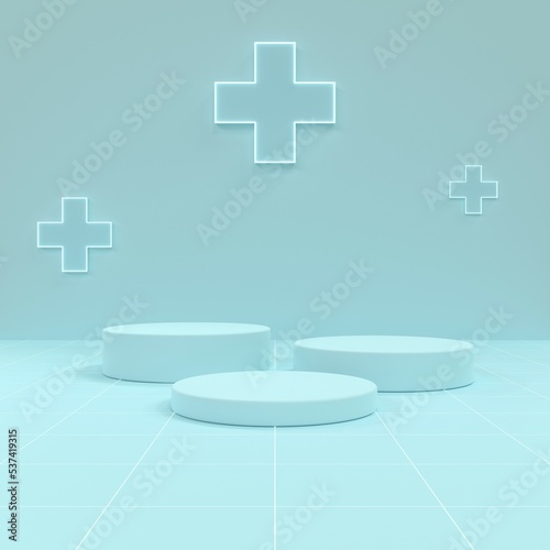 Minimalism cylindrical product display podium with glow medical cross or plus symbol health care 3D rendering illustration