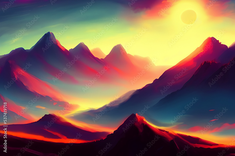 sunset over mountains, colorful landscape 04
