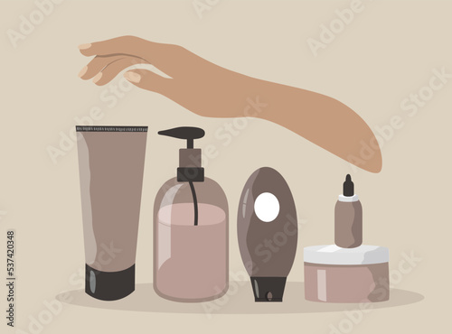 vector flat style illustration on the theme of cosmetics, skin care, Hand and lot of cosmetics - lotions, creams, balms, serum