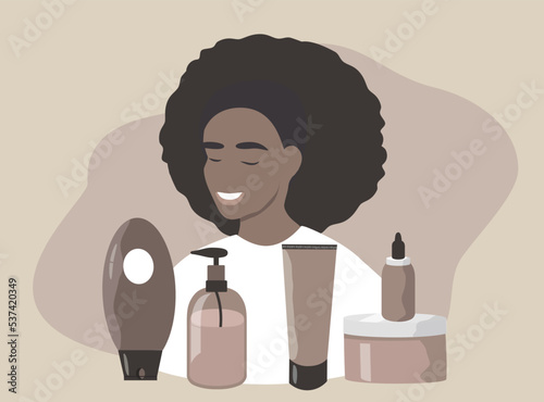 vector illustration in a flat style on the theme of beauty routine. black girl and beauty products