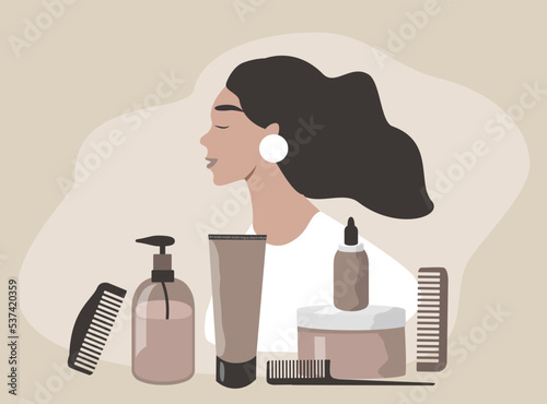 vector flat style illustration on the theme of hair care, barbershop, beauty salon. girl with long hair, hair styling products and tools