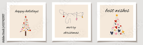 Christmas vector gift card or tag set Christmas trees one line and a deer merry christmas lettering, best wishes.