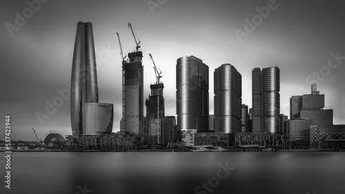 black and white fine art view of Barangaroo buildings from Pyrmont photo