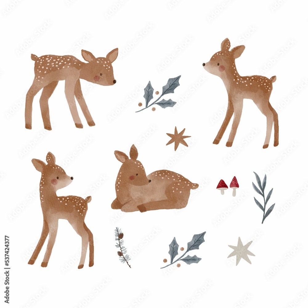 Obraz premium Watercolor Christmas print with cute fawn, сones, trees, mushrooms, decor. Ideal for creating New Year prints on clothes, fabrics, wrapping paper.