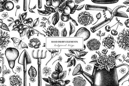 Gardening seamless pattern background design. Engraved style. Hand drawn watering can, apples, cherry, rose, pears, shovel, rake, secateurs, chamomile, sunflower, forget me not flower, ranunculus
