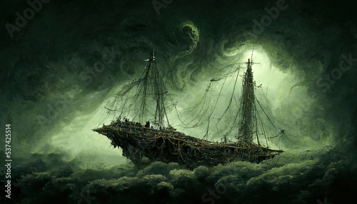 a monstrous living dead warship ship with sickly see through sails, in a horror night sky. dark fantasy art. Scary Art Landscape Background Illustration. For Game, Novel, Web Design. photo