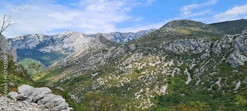 Bird's eye view of green mountains in National park of Paklenica in Croatia photo