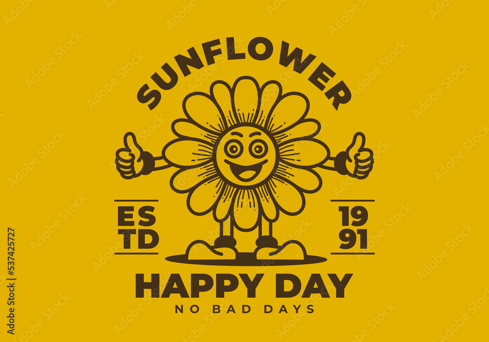 Fototapeta premium Retro art illustration of a sunflower with happy face
