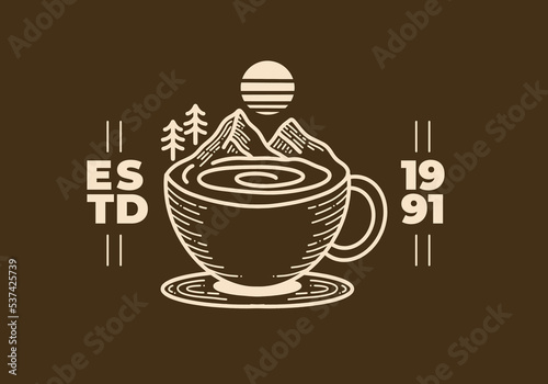 Retro coffee cup and mountain illustration design