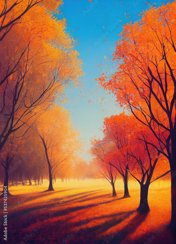 Beautiful autumn landscape, sunny day, magnificent, dreamy path with leaf aside. Cozy Art Landscape Illustration. For Web, Game, Advertise, Novel, movie, Scene.