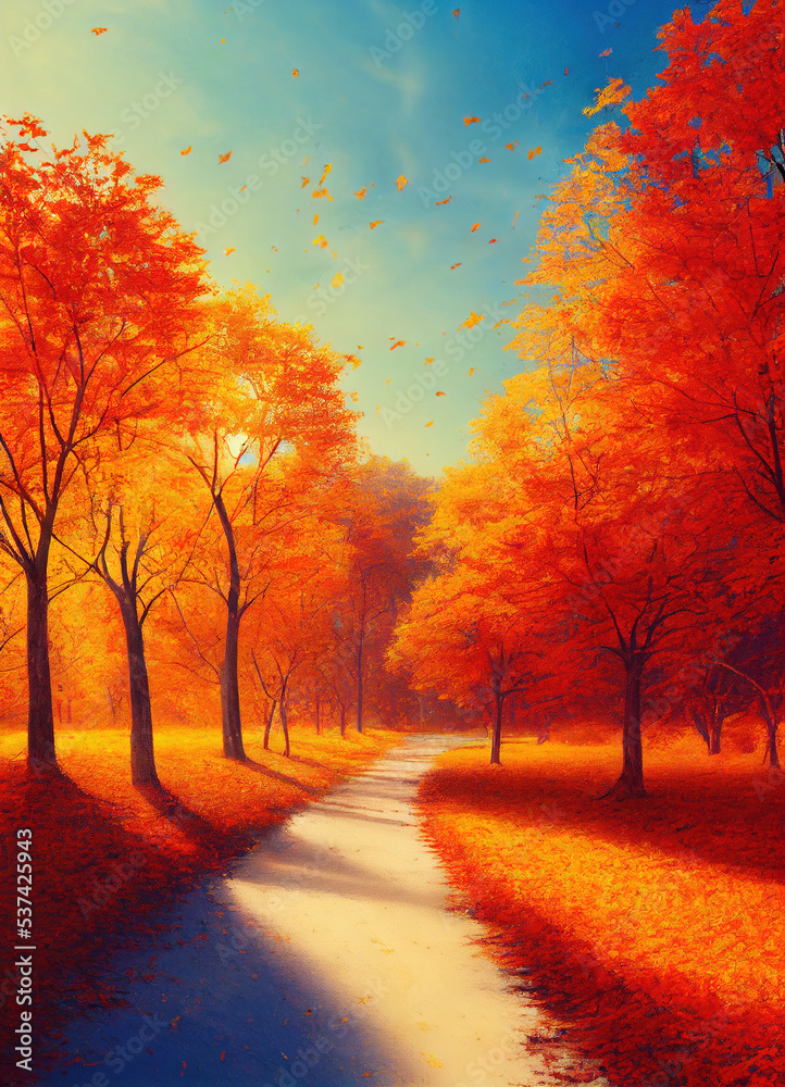 Beautiful autumn landscape, sunny day, magnificent, dreamy path with leaf aside. Cozy Art Landscape Illustration. For Web, Game, Advertise, Novel, movie, Scene.
