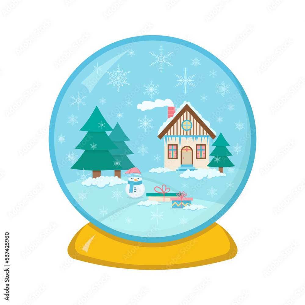 Glass ball with a house and snowflakes. vector illustration