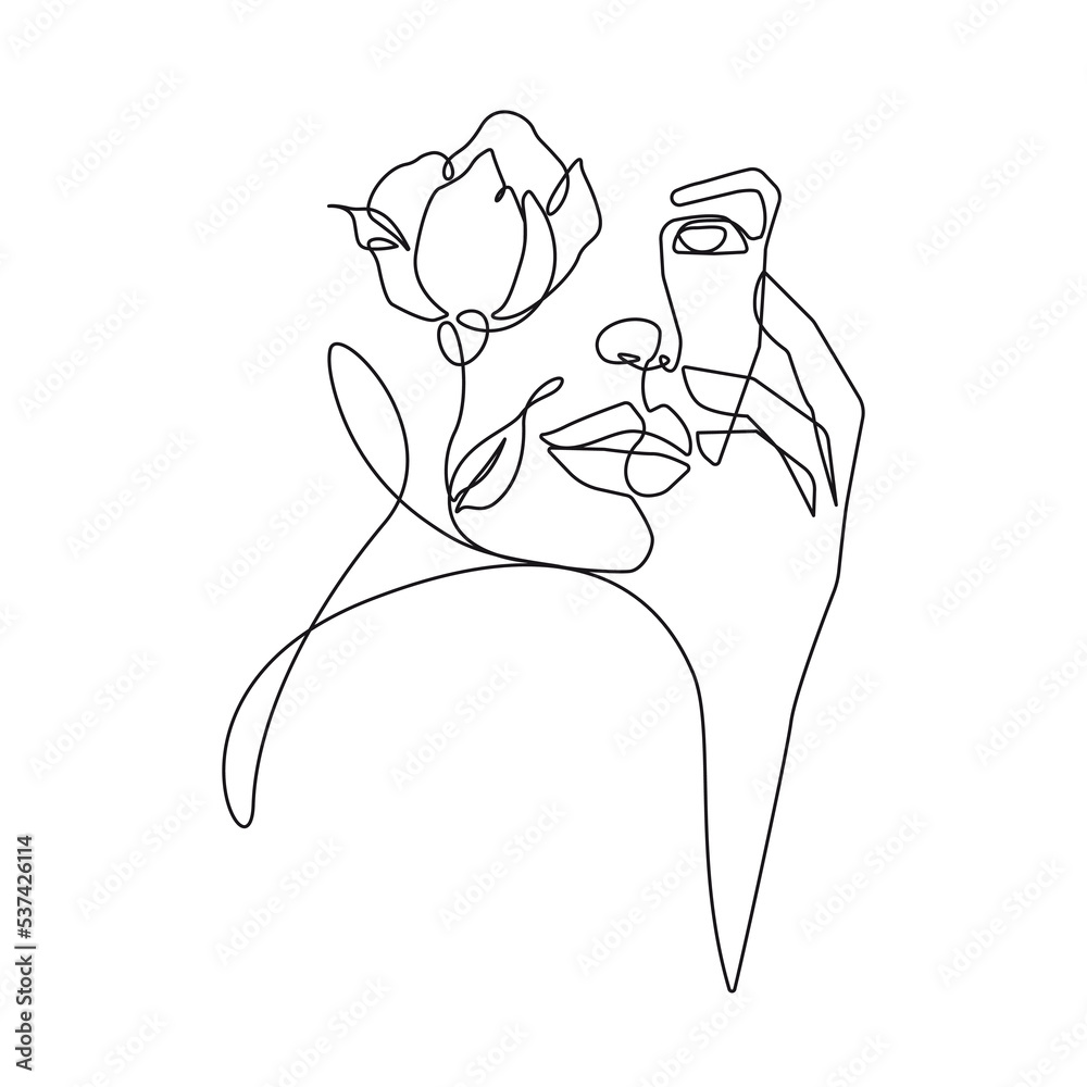 Woman Abstract Face with Flower One Line Drawing. Female Portrait ...