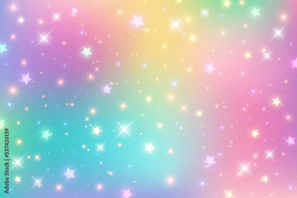 Rainbow fantasy background. Bright multicolored sky with stars and sparkles. Holographic wavy illustration. Vector.