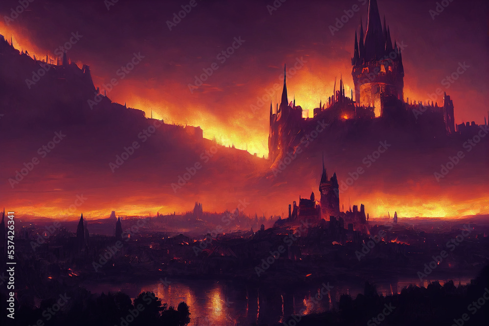 Medieval cities on Hell Wildfire. Scene for Mystery,  Fantasy Novel Story Or Game. High Castle and Smoke Atmosphere, Burning Sky Landscape Background Art Illustration.
