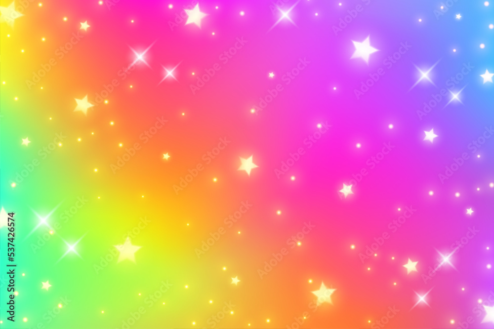Rainbow fantasy background. Bright multicolored sky with stars and sparkles. Holographic wavy illustration. Vector. Rainbow fantasy background. Bright multicolored sky with stars and sparkles. Holographic wavy illustration. Vector.