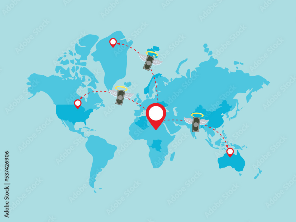 This image consists the world map. It also shows money laundering in the world map. Money is transferring in many countries in the world. Money transfer from one country to many countries is shown. This image consists the world map. It also shows money laundering in the world map. Money is transferring in many countries in the world. Money transfer from one country to many countries is shown.