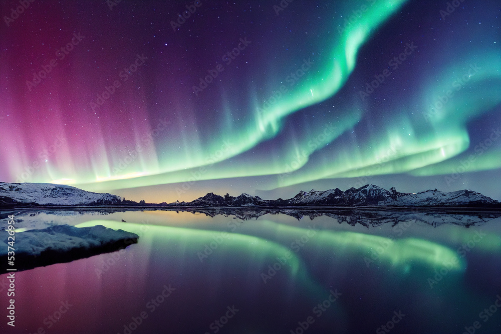Mountains overlook a frozen glass lake, northern lights, Atmosphere, Dramatic Beautiful Aurora Landscape Background. - obrazy, fototapety, plakaty 