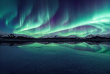 Mountains overlook a frozen glass lake, northern lights, Atmosphere, Dramatic Beautiful Aurora Landscape Background.