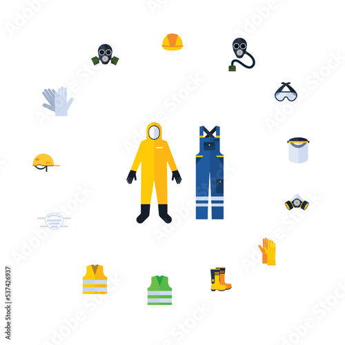 This image consist a person wearing Personal Protective Equipment (PPE) and Respiratory Protective Equipment (RPE) with construction jacket. Asbestos face mask, PPE, hand glove, yellow jacket is seen.