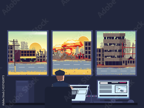 This vector file shows a scenery of monitoring of a police officer. Detective officer monitoring terrorist attack in computer. Criminal scene is being seen in his investigation.