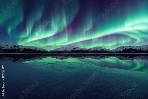 Mountains overlook a frozen glass lake, northern lights, Atmosphere, Dramatic Beautiful Aurora Landscape Background.