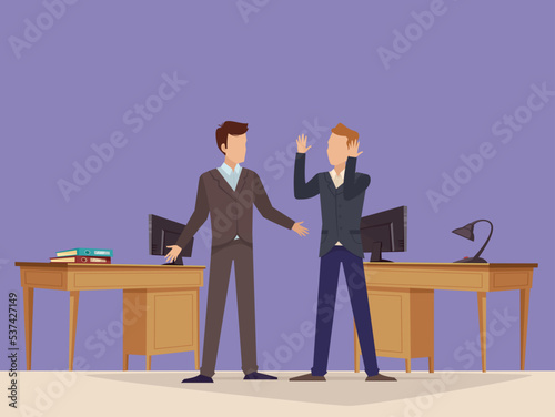 Two officer quarreling and conflict between two person. Two suited officer shouting and a quarrel is occurred. Boss shouting to employee and blaming at office. Computer angry behind officers.