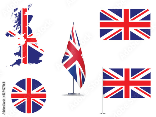 This vector consist the national flag of United Kingdom (UK) in different shape. Flat, rounded, rectangle and flying flag and UK map are in a group. Here UK flag in UK map. Here a masking flag in map.