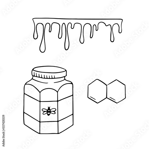 Jar of honey, honeycombs and drops. Black and white vector doodle illustration isolated on white background.