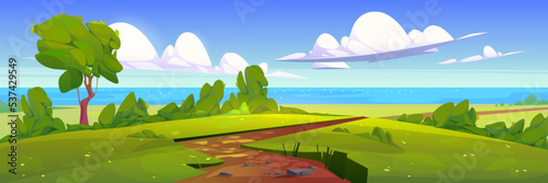 Beautiful summer field with footpath to sea. Cartoon vector illustration of natural lanscape with green grass, sparkling water surface, blue sky and fluffy white clouds. Warm sunny day in rural area