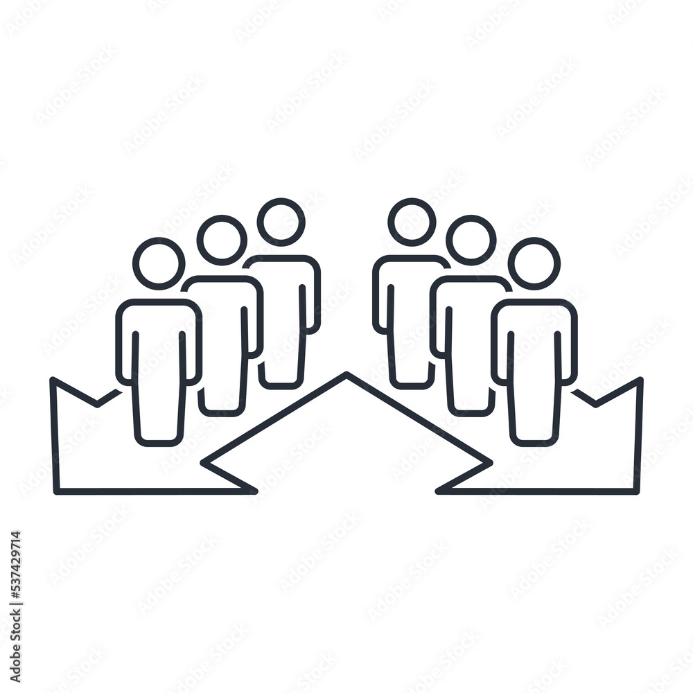 The flow of people moving in different directions. Vector linear icon isolated on white background. The flow of people moving in different directions. Vector linear icon isolated on white background.