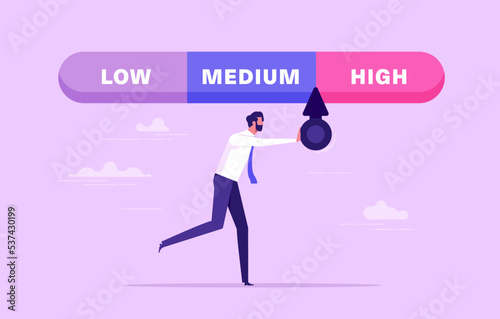 Businessman with credit score scale. Young man changing personal financial account information from low to high. Financial growth, career. Business reputation flat vector colorful illustration