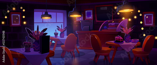 Cafe or coffee house interior with wooden tables and chairs, counter and lamps at evening. Empty bakery shop with cake on showcase, cups and desserts, vector cartoon illustration