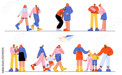 Family life cycle flat vector illustration. Happy young man and woman in love dating  married couple expecting baby  raising  taking care of children. Parents enjoying time together with kids  smiling