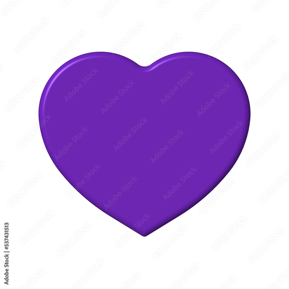 Royal Purple heart isolated on white background. Paste template. Glare from lighting Valentine's Day. 3D image. 3d rendering.