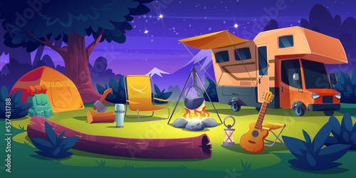 Camping site with trailer, tent and burning bonfire in night forest glade. Cartoon vector illustration of colorful natural landscape with tourism accessories for family travel anf vacation rest