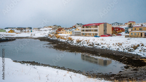 Stykkisholmur , Villages and port near Kirkjufell was filming Walter Mitty during winter cloudy day at Stykkishólmur on West Coast of Iceland : 16 March 2020