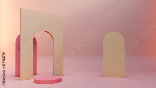 3D render, 3D representation, repodium, product stand. mock up on a pink background texture background