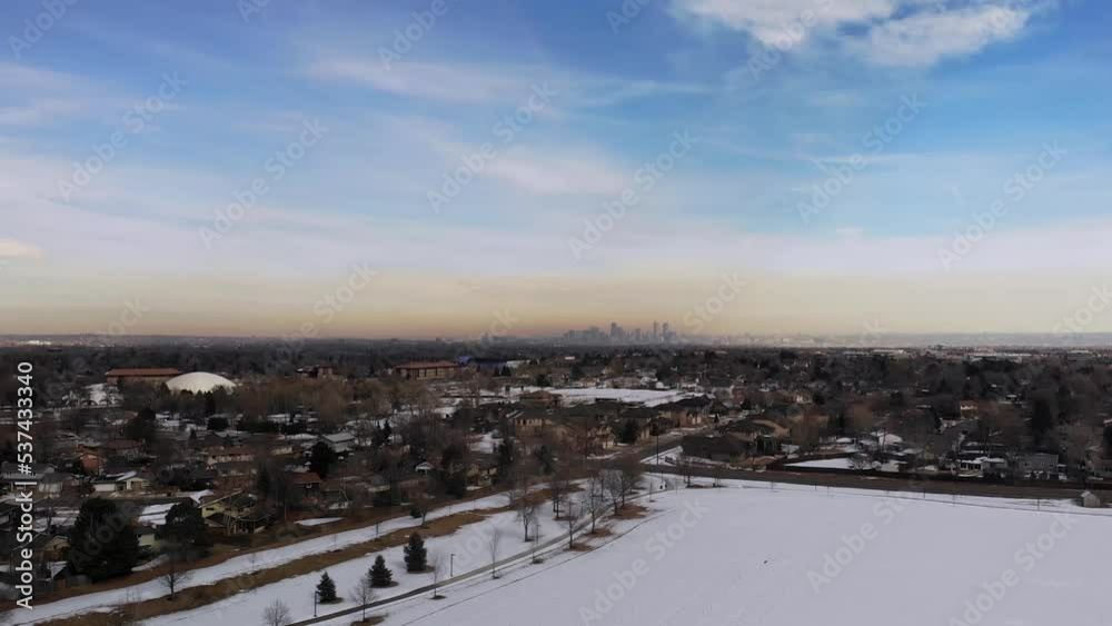 Smog Over Downtown Denver • Snowy Park in Western Metro Suburbs • Dramatic Aerial Drone Footage