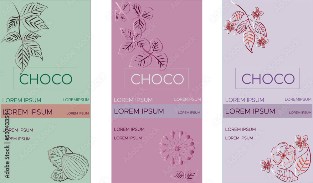 Set of vectors for chocolate bars with elegant, luxury and colorful pattern design. Hazelnut, strawberry, orange. Editable collection of chocolate box.