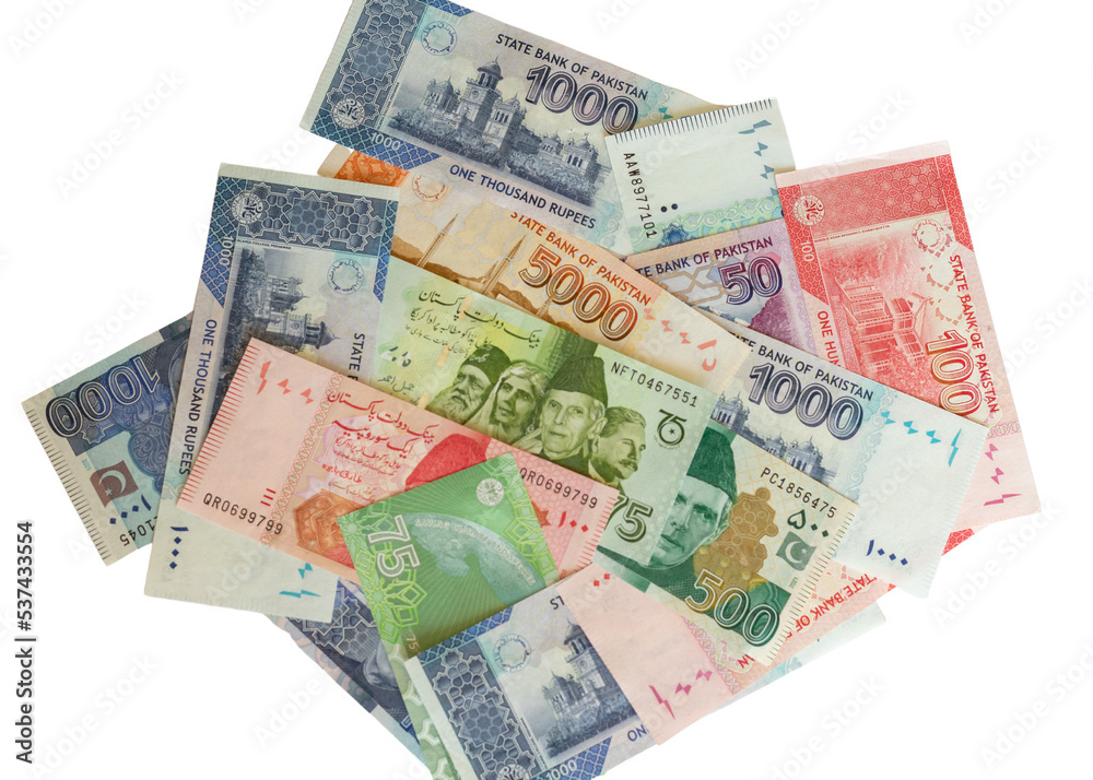 Banknotes of different denomination of Pakistani currency with a new commemorative 75 rupees banknote Banknotes of different denomination of Pakistani currency with a new commemorative 75 rupees banknote