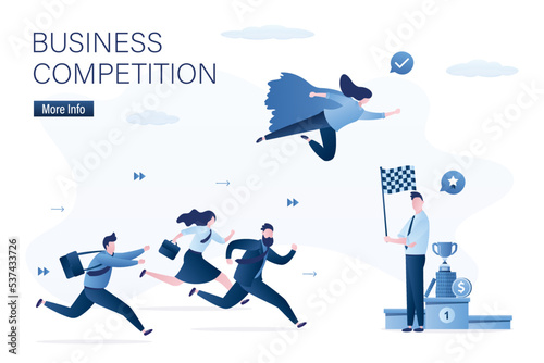 Business competition. Advantage, concept. Confident businesswoman like super hero flying and wins, business advantage. Winner and losers businesspeople. Boss with finishing flag,