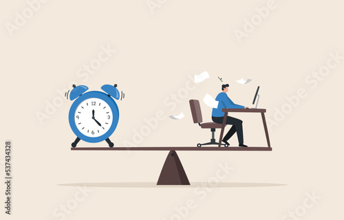 Flexible working hours work life balance. Time management. Work in a race against time. businessman working on desk seesaw balance with clock. photo
