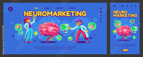 Neuromarketing technology landing page, app ui ux onboard screen. Concept with contemporary female characters in lab coat analyzing customer behavior and developing strategy checking artificial brain